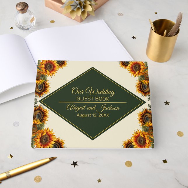 Sunflower Wedding Forest Green and Gold Guest Book (Creator Uploaded)