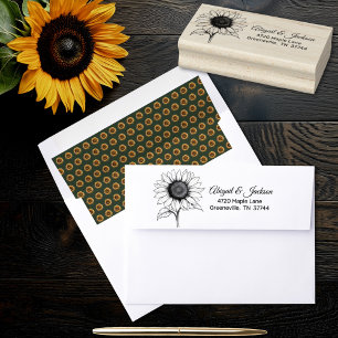 Sunflower Wedding Forest Green and Gold RSVP Rubber Stamp
