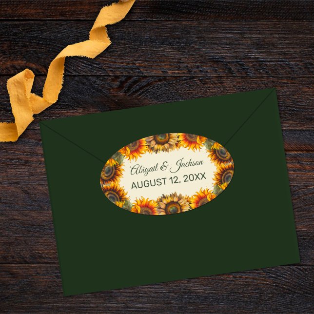 Sunflower Wedding Forest Green Rustic Oval Sticker (Creator Uploaded)