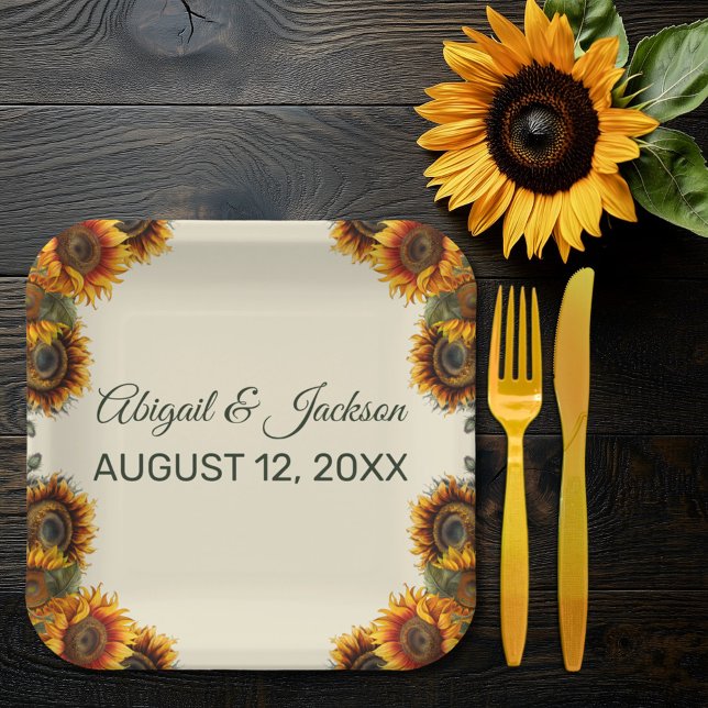 Sunflower Wedding Forest Green Rustic Paper Plate (Creator Uploaded)