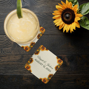 Sunflower Wedding Forest Green Rustic Square Paper Coaster