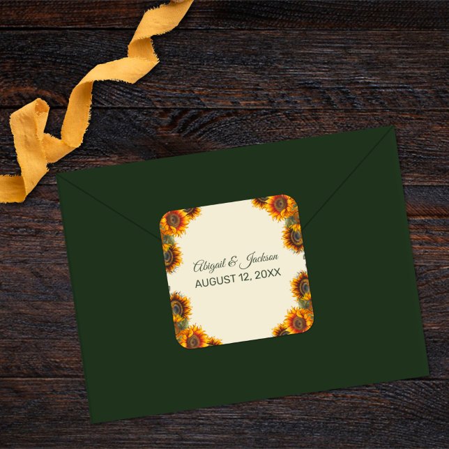 Sunflower Wedding Forest Green Rustic Square Sticker (Creator Uploaded)