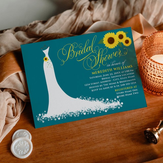 Sunflower Wedding Gown Teal Wedding Bridal Shower Invitation (Creator Uploaded)