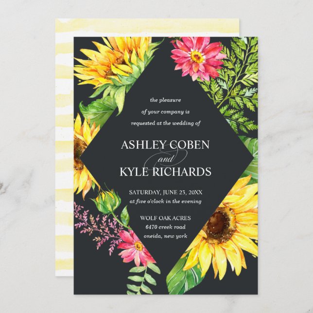 Sunflower wedding in yellow with dark background invitation (Front/Back)