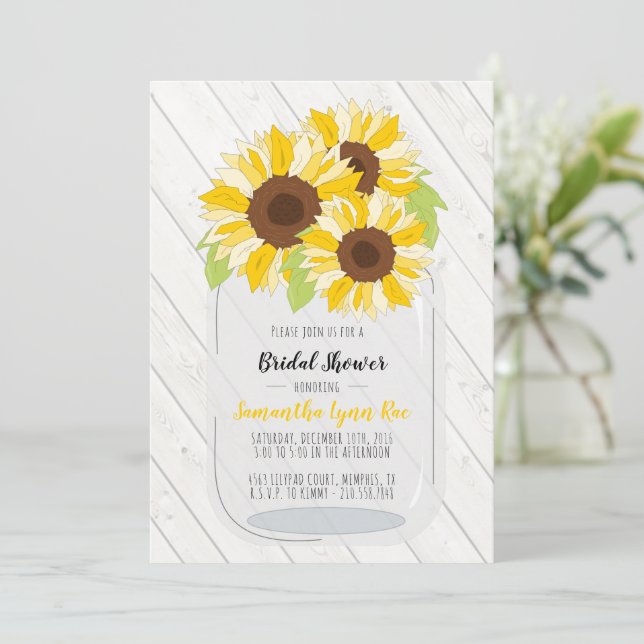 Sunflower Wedding Invitation Grey Yellow Rustic (Standing Front)