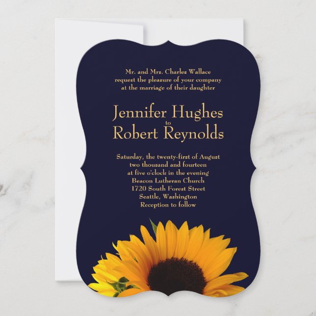 Sunflower Wedding Invitation (Navy Blue) (Front)