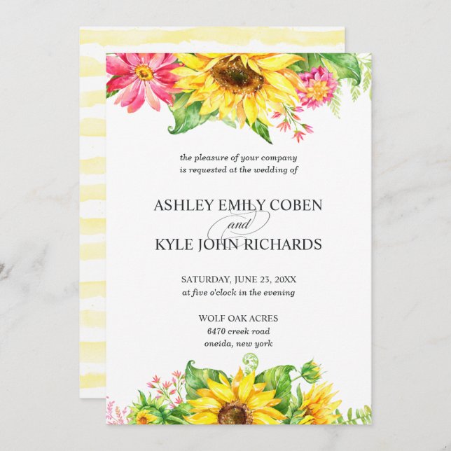 Sunflower wedding invitation on light background (Front/Back)