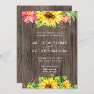 Sunflower wedding invitation with wood background