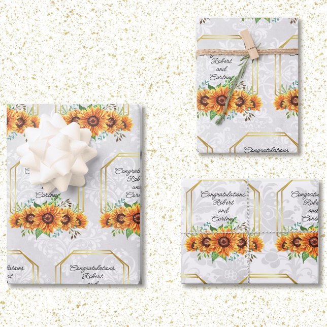Sunflower Wedding Personalised Names on Damask 3  Wrapping Paper Sheet (Creator Uploaded)