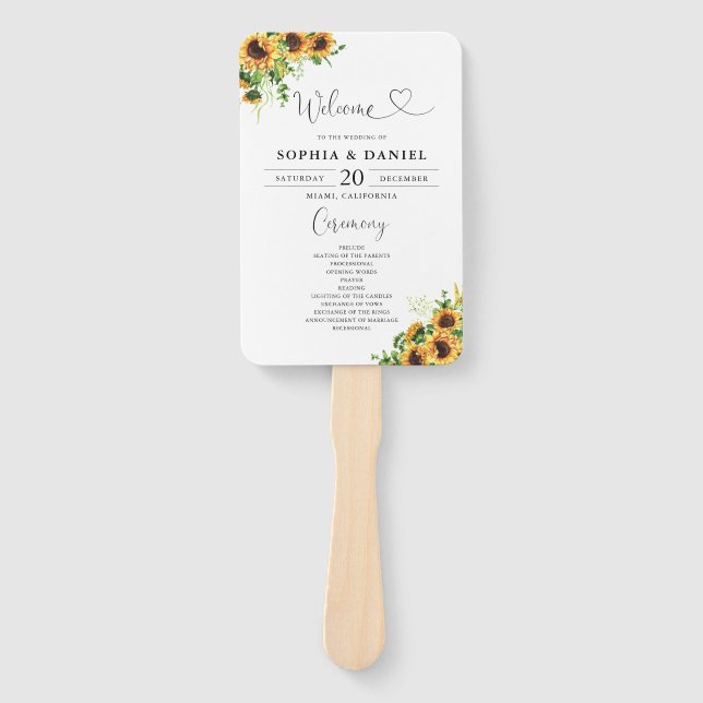Sunflower Wedding Program Hand Fan (Front)