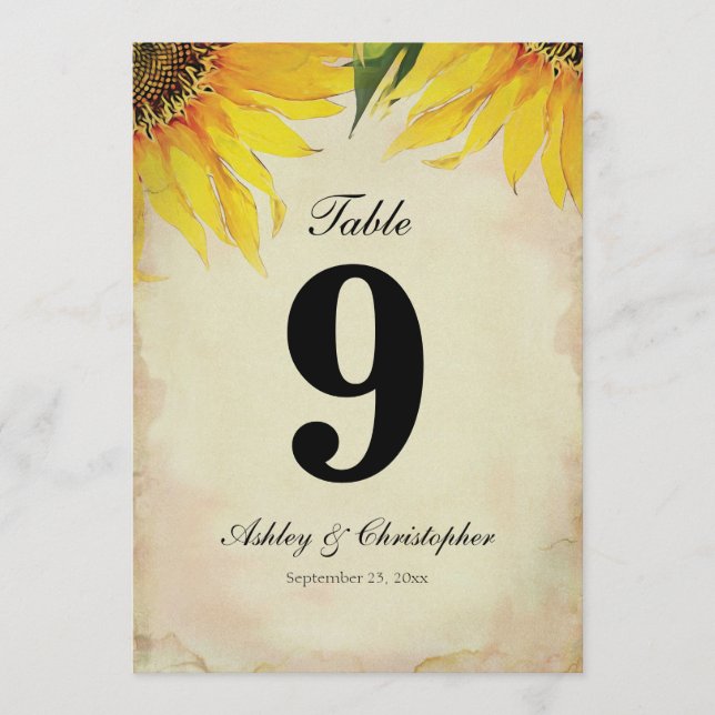 Sunflower Wedding Reception Table Number Nine (Front)