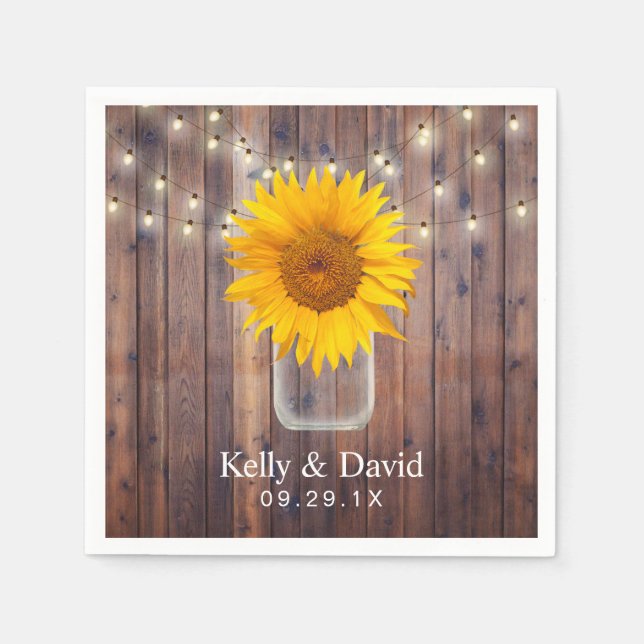 Sunflower Wedding Rustic Barn Wood String Lights Napkin (Front)