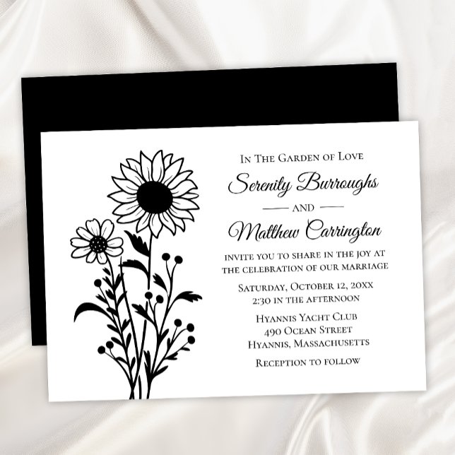 Sunflower Wedding – Rustic Black and White Floral  Invitation (Creator Uploaded)