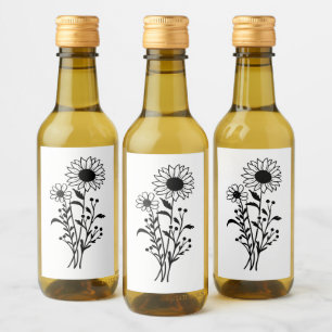 Sunflower Wedding Rustic Wildflowers Black White Wine Label