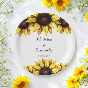 Sunflower Wedding Yellow Watercolor Paper Plates