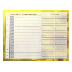 Sunflower Weekly Personalised Menu Plan Notepad