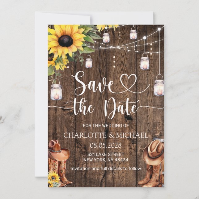 Sunflower Western Save the Date Wedding Invitation (Front)