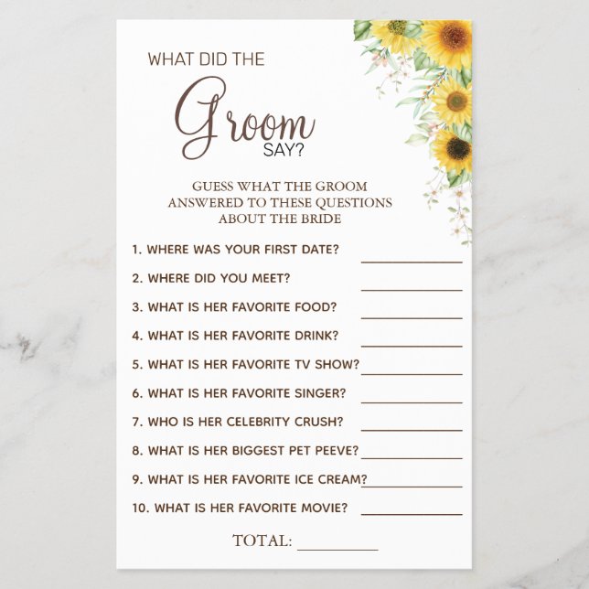 Sunflower What groom say Bridal shower game card (Front)