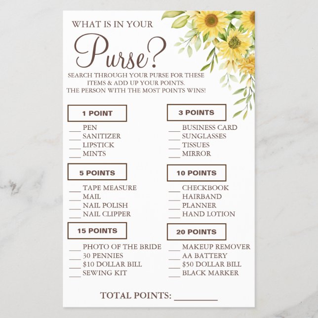 Sunflower What is in your purse Shower game card (Front)