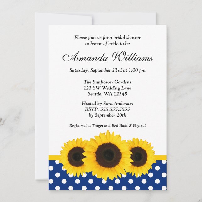 Sunflower White and Blue Polka Dot Bridal Shower Invitation (Front)