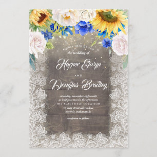 Sunflower White and Blue Rustic Fall Wedding Invitation