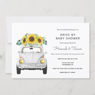 Sunflower White Car Drive By Baby Shower Invitation