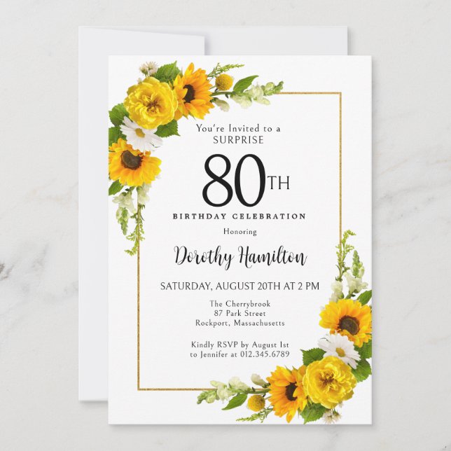 Sunflower White Daisy 80th Birthday Surprise Invitation (Front)