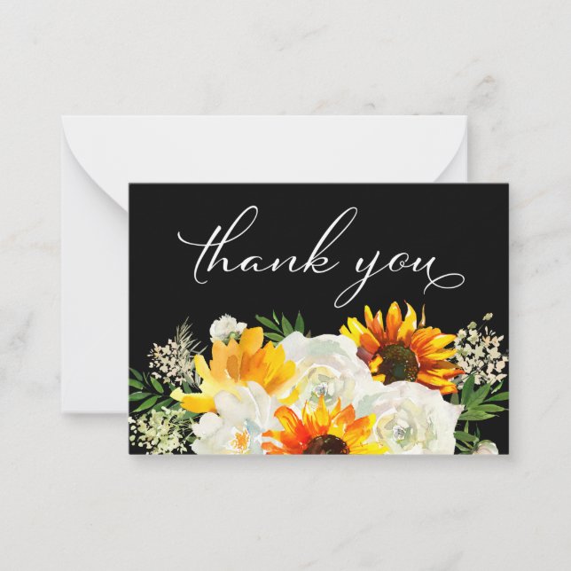 Sunflower & White Floral Black 2B Small Thank You Card (Front)