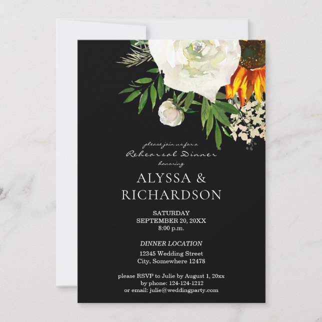 Sunflower & White Floral Rehearsal Dinner - Black Invitation (Front)