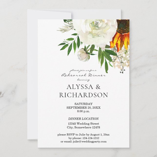 Sunflower & White Floral Rehearsal Dinner - White Invitation (Front)