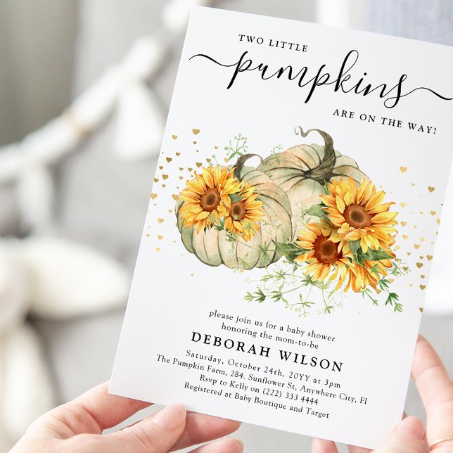 Sunflower White Pumpkins Twins Fall Baby Shower Invitation (Creator Uploaded)
