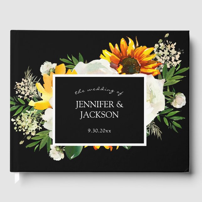 Sunflower & White Rose Artsy Floral - Black Guest Book (Front)