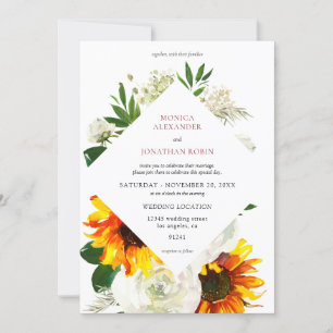 Sunflower & White Rose Artsy Floral Wedding Invitation