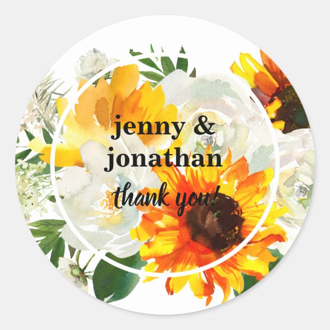 Sunflower & White Rose Burlap Thank You- White Classic Round Sticker (Front)