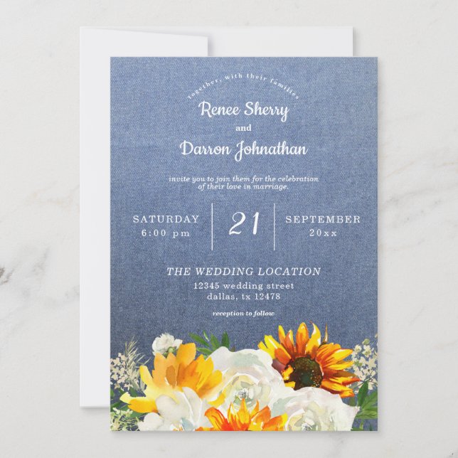Sunflower & White Rose Floral on Jean Wedding Invitation (Front)