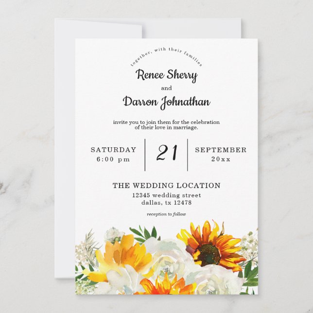 Sunflower & White Rose Floral Wedding Invitation (Front)