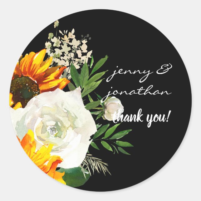 Sunflower & White Rose Thank You- Black 2 Classic Round Sticker (Front)