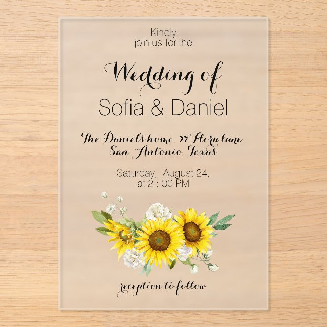 Sunflower white rose wedding Acrylic Invitation (Front)