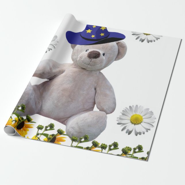 Sunflower White Teddy Bear Matte Wrapping Paper (Unrolled)