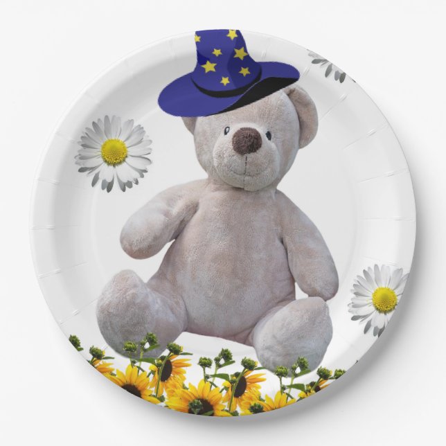 Sunflower White Teddy Bear Paper Plates (Front)