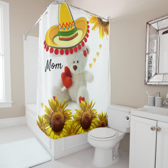 Sunflower White Teddy Bear Shower Curtain (In Situ)