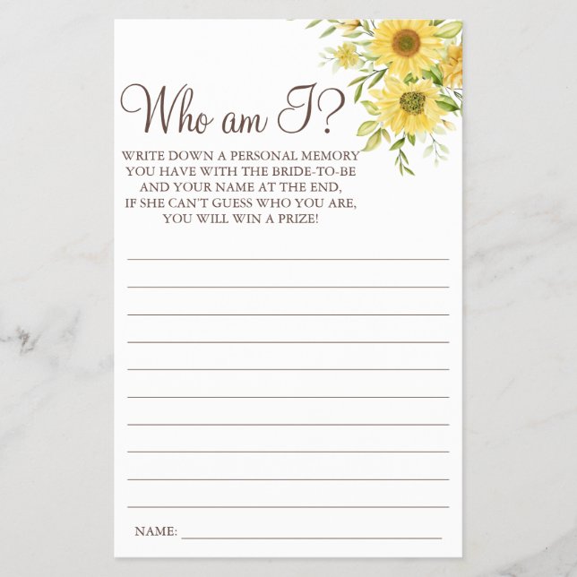 Sunflower Who I am Bridal shower game card (Front)