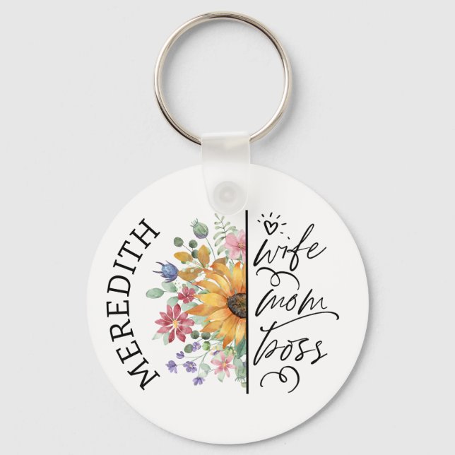Sunflower Wife Mum Boss Customisable Key Ring (Front)