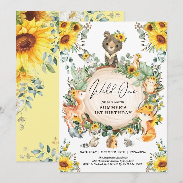 Sunflower Wild One Woodland 1st Birthday Party Invitation (Front/Back)