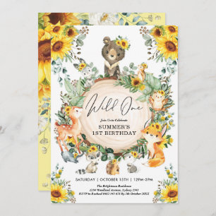 Sunflower Wild One Woodland 1st Birthday Party Invitation