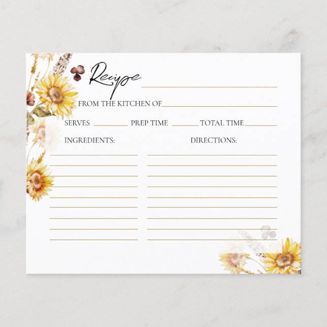 Sunflower Wildflower Modern Bridal Shower Recipe (Front)