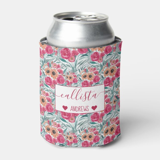 Sunflower Wildflower Watercolor Floral Pattern Can Cooler (Can Front)