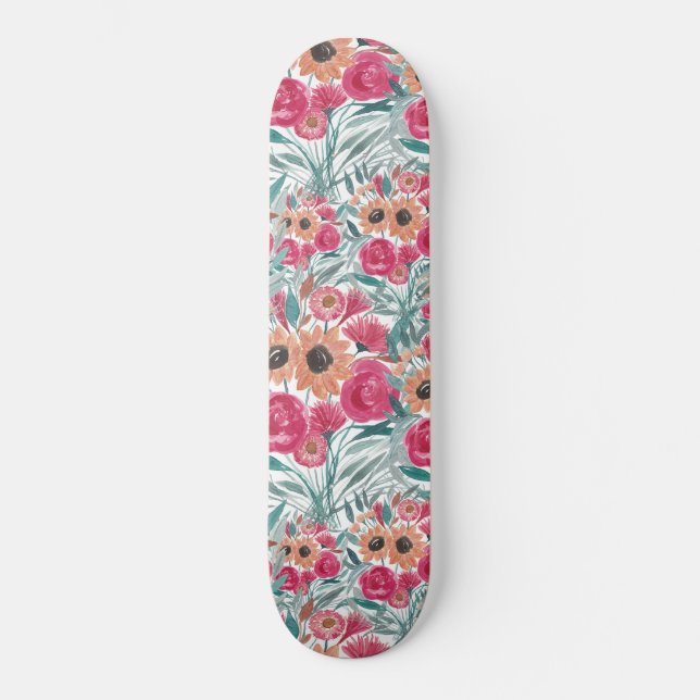 Sunflower Wildflower Watercolor Floral Pattern Skateboard (Front)