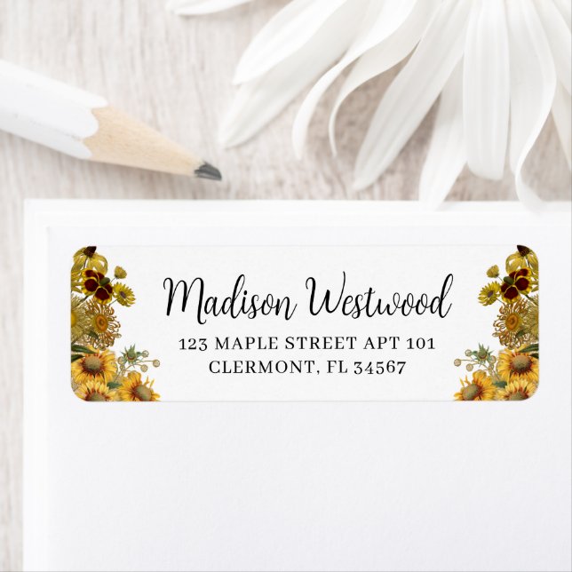 Sunflower Wildflowers Calligraphy Return Address Label (Insitu)