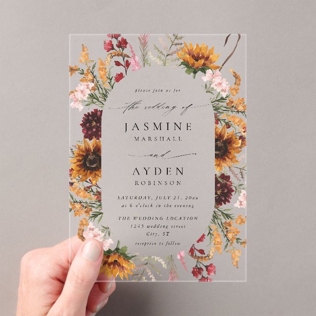 Sunflower & Wildflowers Floral Wedding Acrylic Invitations (Insitu (Handheld))
